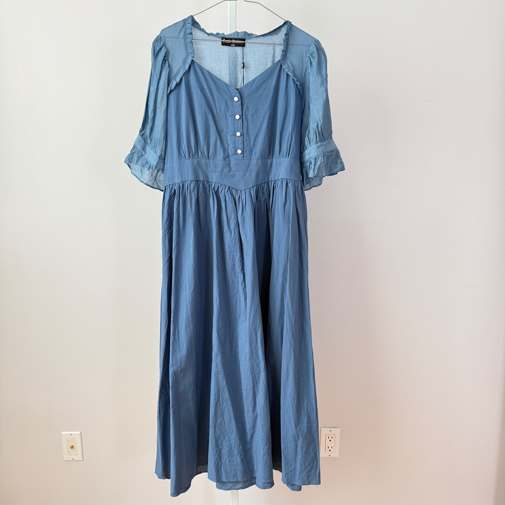 Scarlet Darkness Blue Button Front Midi Dress Tie Waist Sheer Sleeve Women's 2XL - Picture 1 of 8